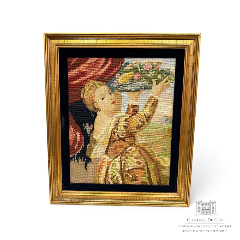 VTG Framed Needlepoint Tapestry Art Depicting Salome with Fruit Platter